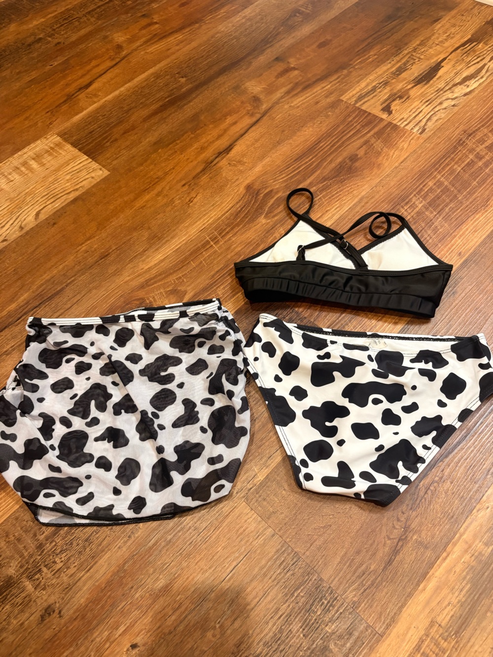 SHEIN Black & White Cow Print Bralette Bikini Set with Black Trim